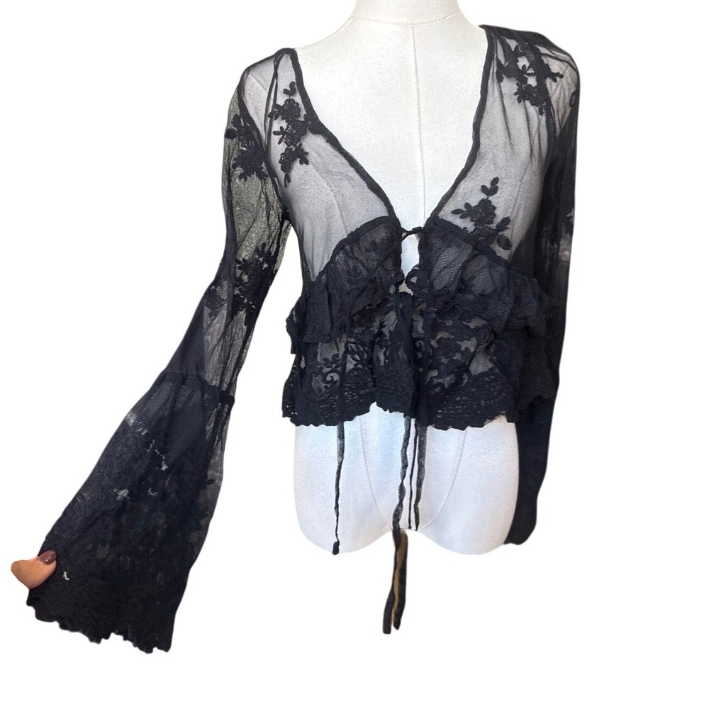 Sheer Lace Embroidered Whimsigoth Cardigan Top Size S Flare Sleeve Fairy Grunge